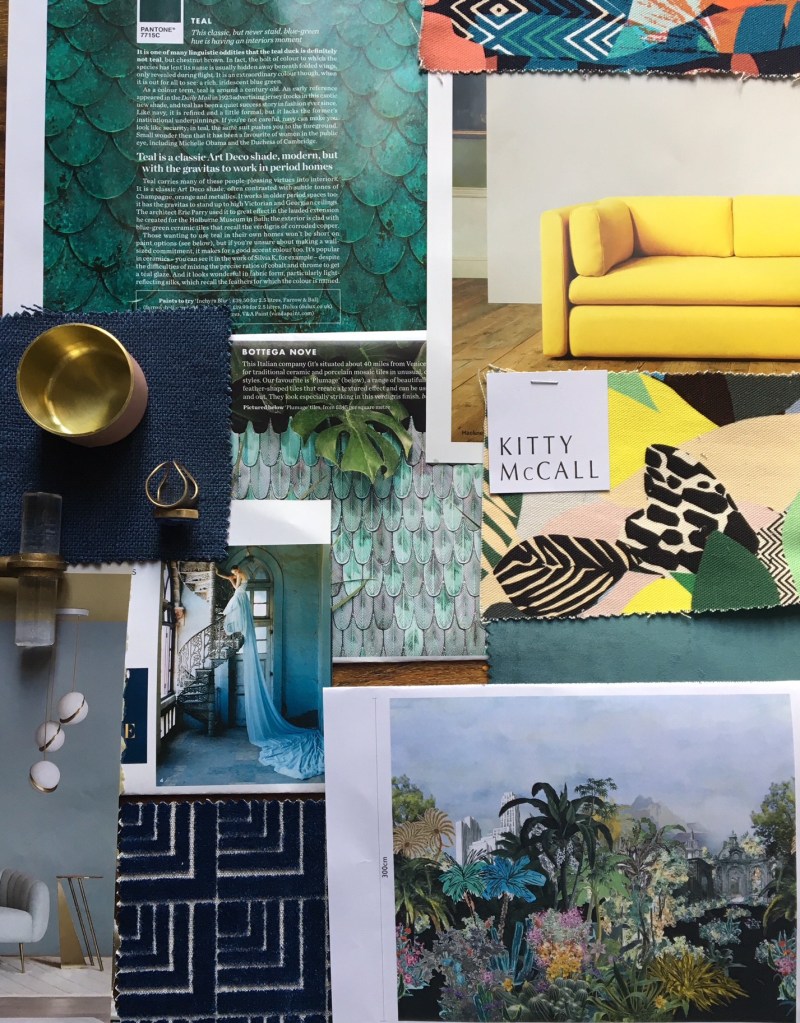 Liznylon creates a "Dream Lounge" mood board of moody greens, blues, and pops of happy yellow