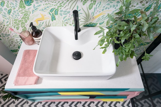 Liznylon_bathroom_upcycled_midcentury_vanity_with_quartz_top_colourful_wallpaper
